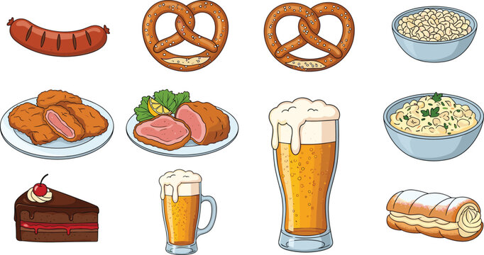 Traditional European food and drink vector set. Hand drawn illustrations of beer mugs, pretzels, sausages, schnitzel, chocolate cake, and savory bowls for menus.