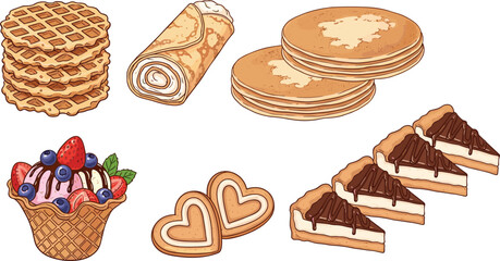 Waffle, crepe and dessert illustration set. Pancakes, berry waffle bowl and chocolate cake slices. Sweet breakfast bakery collection in cartoon style. © IVY QUEEN