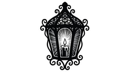 Vintage Ornate Lantern with Burning Candle Inside.