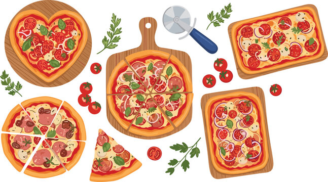 Assorted pizza illustration set. Round and rectangular Italian pizzas with fresh toppings. Heart shaped and sliced pizza collection on wooden boards.