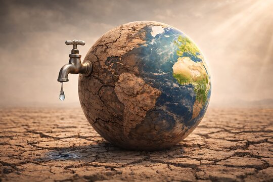 A cracked earth globe with a dripping faucet represents water scarcity in a desolate landscape