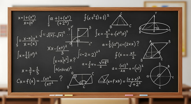 Chalkboard With Mathematical Equations And Geometric Diagrams In A Busy Classroom Setting. A large chalkboard filled with calculus and geometry formulas, diagrams, and shapes