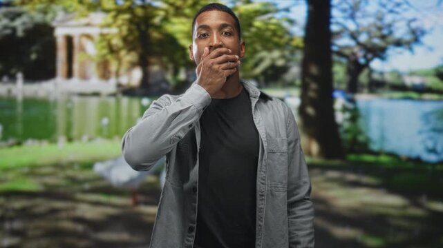 Young black man covers mouth with hand in front of a lakeside building by a pond, wearing a gray shirt and showing a startled open mouthed expression; surprise.