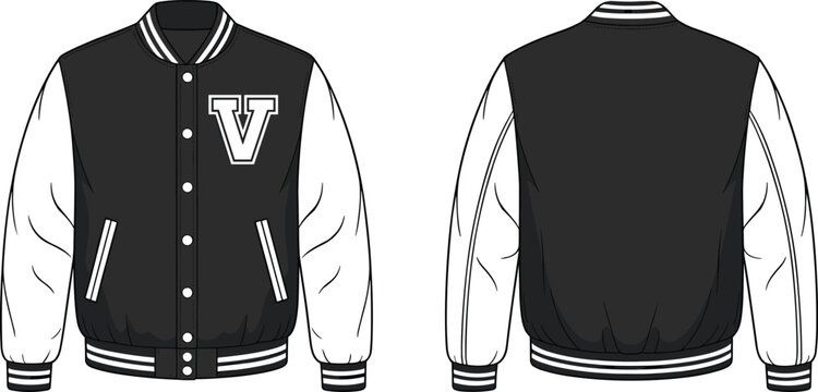 Technical fashion sketch of a classic varsity jacket featuring front and back views with letter V patch ribbed cuffs and snap button closure.