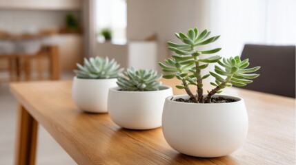 Fototapeta premium Close-up of minimalist white plant pots with succulent plants, arranged on wooden table in bright, cozy interior