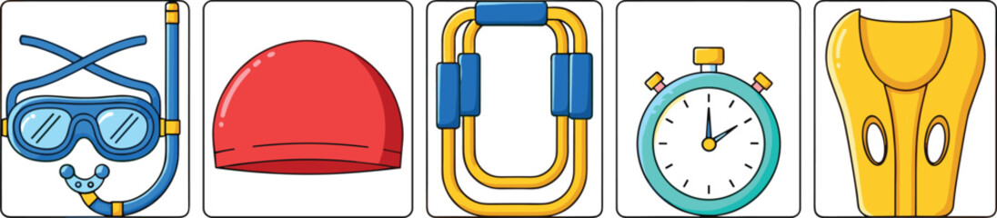 Set of Five Colorful Vector Icons for Swimming and Water Sports Featuring Snorkel Mask Swim Cap Kickboard Stopwatch and Flippers for Summer Vacation Activity Design © Khairun