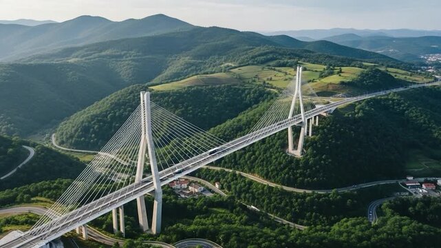 Bridge Amidst Rolling Hills: A majestic bridge gracefully spans a valley, connecting the landscape under a clear sky. A testament to engineering prowess, harmonizing with the natural beauty.