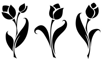 Tulip flowers. Black silhouettes of tulips isolated on a white background. Set of vector illustrations