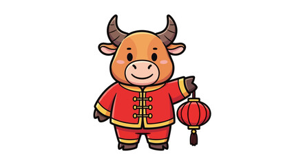 Obraz premium Cartoon ox character in traditional red costume holding a lantern