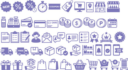 ショッピング・ECサイト用関連（レジ・配送・クーポン・セール）などのベクターイラスト素材セット