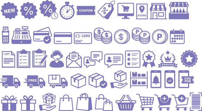 ショッピング・ECサイト用関連（レジ・配送・クーポン・セール）などのベクターイラスト素材セット