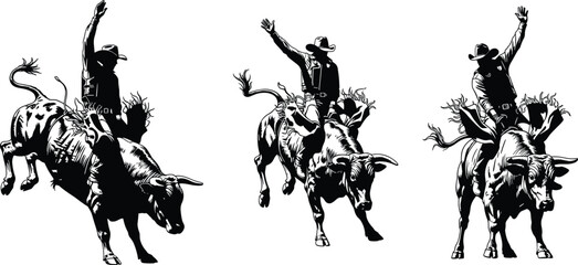 Bull rider silhouettes collection, cowboy rodeo action illustration set, isolated western sport figures, dynamic American ranch and festival design elements © Md