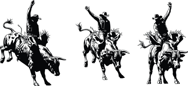 Bull rider silhouettes collection, cowboy rodeo action illustration set, isolated western sport figures, dynamic American ranch and festival design elements