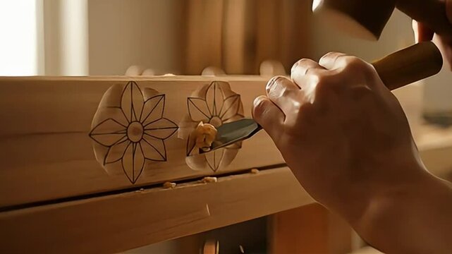 Close-up of Carpenter Carving Floral Pattern in Wood with Chisel and Mallet