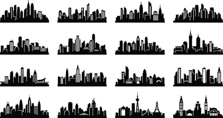 City skyline silhouette collection featuring modern urban skylines skyscrapers and downtown cityscapes isolated on white background vector set