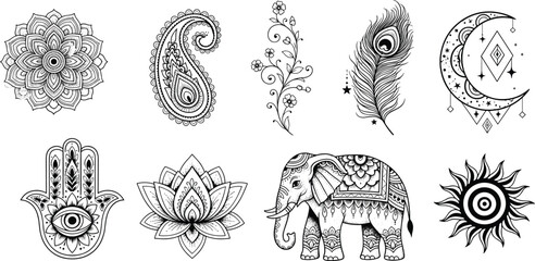 Boho ornamental symbols collection vector, mandala lotus hamsa elephant paisley feather sun illustrations, intricate line art, spiritual decorative set isolated © MDRAKIB