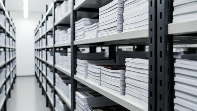 Archival Repository: Rows of organized document stacks on shelving units, presenting a visual depiction of the systematic organization and the preservation of information. 