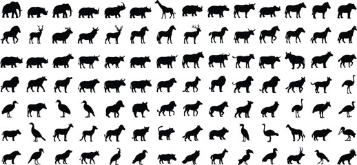 Fototapeta premium Large animal silhouette collection featuring wild mammals birds and safari animals isolated on white background vector icon set