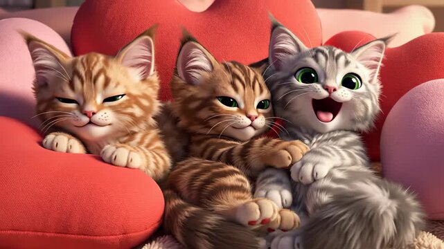 Playful kittens snuggling and lounging on heartshaped cushions in cozy living room