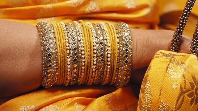 Woman wearing traditional yellow bangles and silk saree for festive celebration in slow motion cinematography