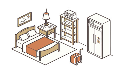 Hotel room furniture and hospitality service flat icon set isolated on white vector illustration, easily editable.