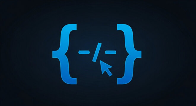 Blue coding symbol with curly brackets and cursor on dark background representing programming and web development concepts
