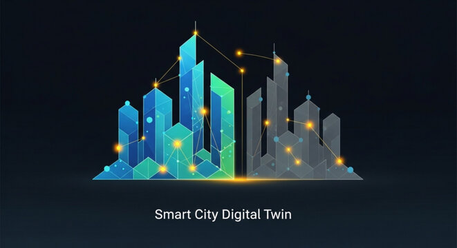 Smart city digital twin with glowing blue and gray skyscrapers on dark background