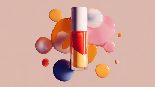 Vibrant Cosmetic Bottle Surrounded by Colorful Texture Splashes