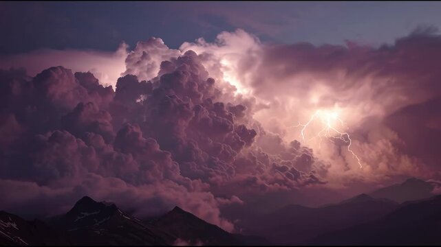Dramatic stormy mountain range with cumulonimbus clouds and lightning, Earth Day theme, powerful nature scene, dark purple pink hues presenting unique environmental perspective