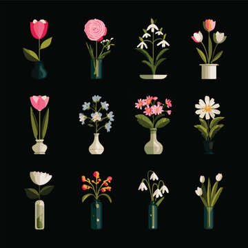 Create a different kinds of Flower flat icon set isolated on black. Various flowers in a vase including rose, tulip, orchid, Espatifilo, bells flowers, Bellis perennis, bulb flowers