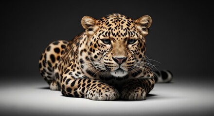 Fototapeta premium A leopard lies on the ground, resting its head on its paws, looking directly at the camera with a calm expression in a studio setting.