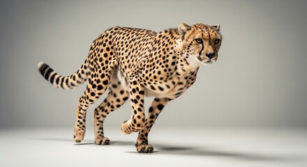 Fototapeta premium A leaping cheetah, captured mid-air, showcasing its agility and power in a dynamic studio setting