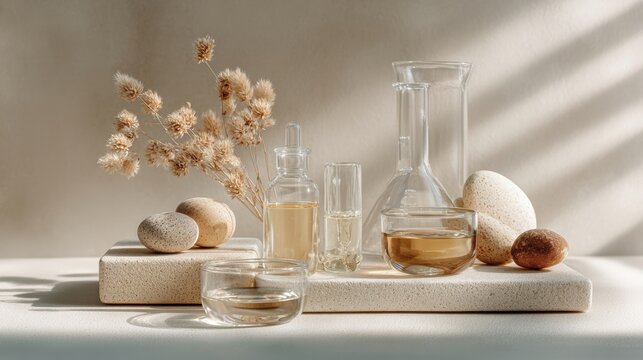 Elegant Still Life with Skincare Products and Natural Elements
