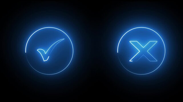 Blue neon circle animation revealing check and cross icons with a smooth glow effect, highlighting approval or rejection in app UI interactions and tech presentations in 4K.