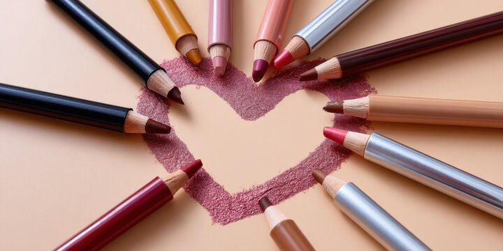 Creative flat lay of opened lip liners forming a heart shape on pastel background