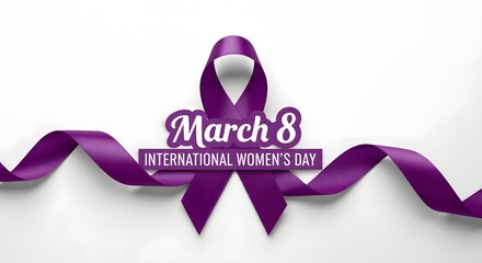 Fototapeta premium Purple ribbon with March 8 International Women's Day text on white background celebration concept