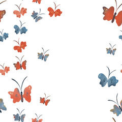 Fototapeta premium Seamless pattern with butterflies in soft pastel and warm terracotta tones. Featuring playful shapes, dotted wings, delicate antennae. Ideal for nursery, baby shower, childrens clothing, fabric prints