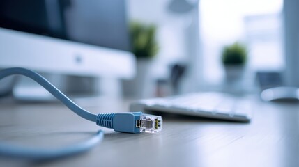 Modern Office Setup with High Fidelity Cable Connected to Computer