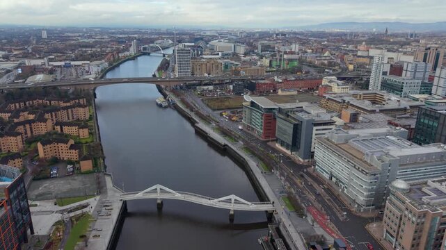 Aerial Right Drift Along River Clyde Urban Corridor
