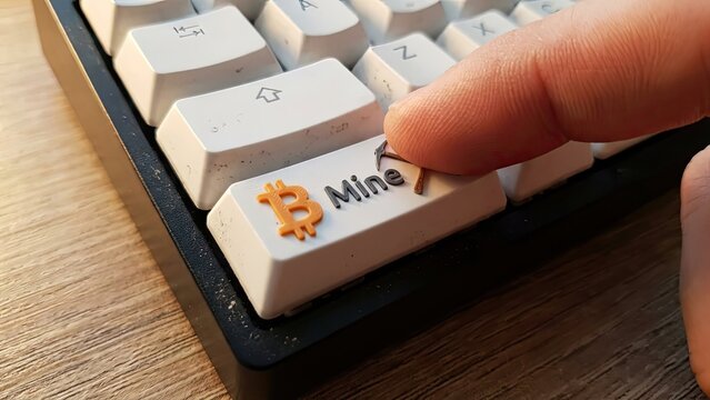 Bitcoin Mine Key: A finger presses the 'Mine' key on a keyboard, highlighting the concept of crypto mining with a bitcoin symbol, inviting viewers to explore the digital realm. 