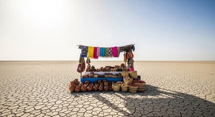 Obraz premium A vibrant display of goods sits baking on a makeshift stall under harsh midday light, emphasizing difficult working conditions, extreme conditions, market stall, intense light