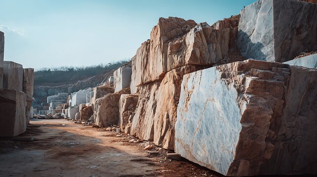 Marble Quarry Blocks Stacked Outdoors.