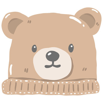 Cute Hand-Drawn Bear Beanie Hat Illustration: Adorable Knit Animal Cap for Baby Shower, Nursery Decor, and Newborn Apparel Design.