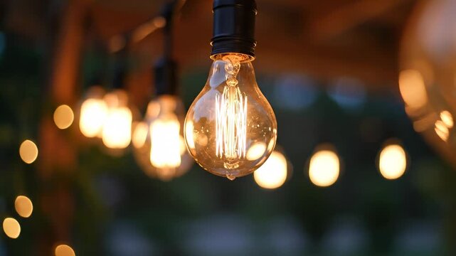 Warm outdoor string lights flickering in evening ambiance