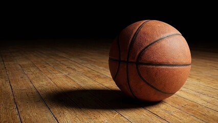 Obraz premium Basketball on the Court: A close-up shot of a classic basketball resting on a polished wooden court, dramatic lighting, shadow play, and texture create a captivating composition. 