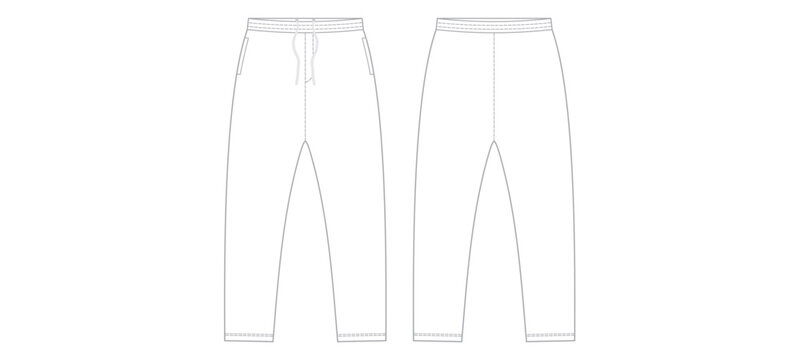 Jogger Pants Front and Back View Outline Vector Template Isolated on White