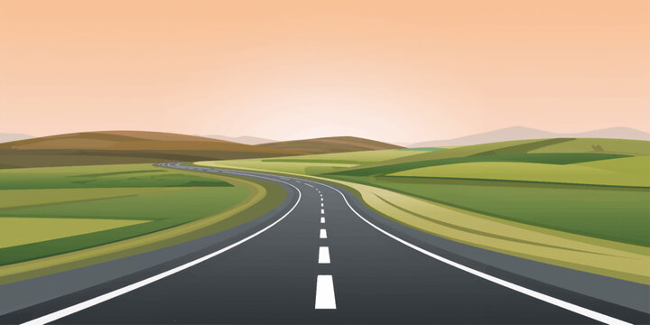 A fast car driving on a rural asphalt highway through a green field toward the horizon under a vast sky, capturing the motion of a journey through the countryside landscape