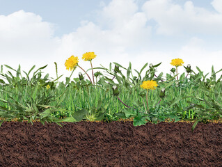 Unhealthy Lawn Full Of Weeds as a grass border Background with dandelion clover crabgrass and broadleaf plantain on the turf as a herbicide symbol of lawncare and landscaping for controlling a weed pr