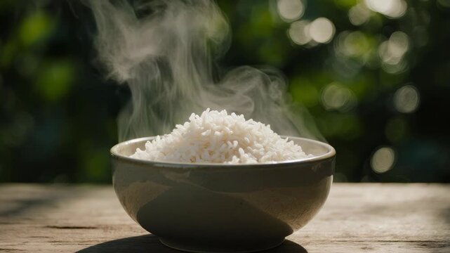 Front view of white rice cooked adequately. Rice eaten as a staple food.
