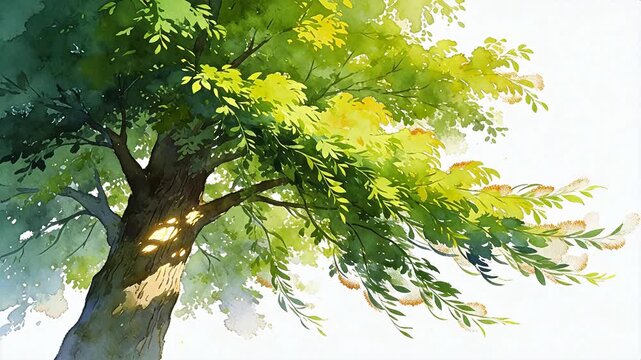 Large green tree with sunlight in forest watercolor painting